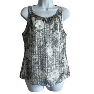 ECI Women Top 4 Metallic Silver Floral‎ Rhinestone Neck Babydoll Disco Glam Boho